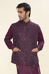 RNG Safawala_Wine Terry Silk Embroidered Thread Solid Kurta Set With Nehru Jacket _at_Aza_Fashions