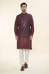 Shop_RNG Safawala_Maroon Raw Silk Embroidered Thread Kurta Set With Sequin Nehru Jacket _at_Aza_Fashions