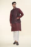 RNG Safawala_Maroon Raw Silk Embroidered Thread Kurta Set With Sequin Nehru Jacket _Online_at_Aza_Fashions