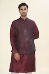 Buy_RNG Safawala_Maroon Raw Silk Embroidered Thread Kurta Set With Sequin Nehru Jacket _Online_at_Aza_Fashions