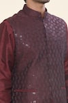 Shop_RNG Safawala_Maroon Raw Silk Embroidered Thread Kurta Set With Sequin Nehru Jacket _Online_at_Aza_Fashions