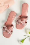 Shop_Phenominaal_Peach Japanese Bugle Beads And Swarovski Pearls Rose Embroidered Block Heels _Online_at_Aza_Fashions