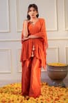 Shop_Flamingo the label_Orange Kaftan Georgette Hand Embroidery V Neck With Pant _at_Aza_Fashions