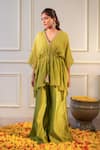 Buy_Flamingo the label_Green Kaftan Georgette Hand Embroidery V Neck With Flared Pant _at_Aza_Fashions