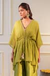 Flamingo the label_Green Kaftan Georgette Hand Embroidery V Neck With Flared Pant _Online_at_Aza_Fashions