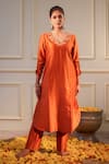 Buy_Flamingo the label_Orange Chanderi Silk Hand Embroidery Floral Plunge V Neck Kurta With Pant _at_Aza_Fashions