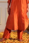 Flamingo the label_Orange Chanderi Silk Hand Embroidery Floral Plunge V Neck Kurta With Pant _Online_at_Aza_Fashions