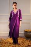 Buy_Flamingo the label_Purple Chanderi Silk Hand Embroidery Mirror V Neck Kurta With Pant _at_Aza_Fashions