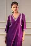 Shop_Flamingo the label_Purple Chanderi Silk Hand Embroidery Mirror V Neck Kurta With Pant _at_Aza_Fashions