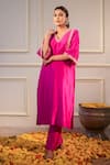 Buy_Flamingo the label_Pink Chanderi Silk Hand Embroidery Mirror V Neck Kurta And Pant Set _at_Aza_Fashions