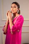 Shop_Flamingo the label_Pink Chanderi Silk Hand Embroidery Mirror V Neck Kurta And Pant Set _at_Aza_Fashions