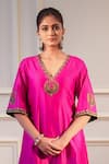 Flamingo the label_Pink Chanderi Silk Hand Embroidery Zari Blunt V Neck Kurta With Salwar _Online_at_Aza_Fashions