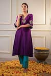 Buy_Flamingo the label_Purple Chanderi Silk Hand Embroidery Zari Blunt V Neck Kurta And Salwar Set _at_Aza_Fashions