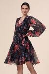 Shop_Samyukta Singhania_Black Chiffon Print Floral V Neck Glory Lilly Dress _Online_at_Aza_Fashions