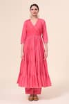 Samyukta Singhania_Pink Cotton, Chiffon Gota Patti V-neck Persian Butter Cup Anarkali Pant Set _Online_at_Aza_Fashions