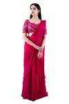 Buy_Pooja Kankariya_Fuchsia Chiffon Embroidered Sequin Sweetheart Pleated Pre-draped Saree Set _at_Aza_Fashions