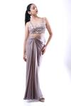 Buy_Pooja Kankariya_Grey Crepe, Satin Pearls, Sequins, Galah Embellished Bustier And Draped Skirt Set _at_Aza_Fashions