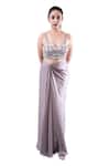 Buy_Pooja Kankariya_Grey Crepe, Satin Pearls, Sequins, Galah Embellished Bustier And Draped Skirt Set _Online_at_Aza_Fashions