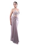 Shop_Pooja Kankariya_Grey Crepe, Satin Pearls, Sequins, Galah Embellished Bustier And Draped Skirt Set _Online_at_Aza_Fashions