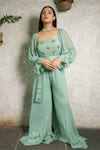 Buy_Pooja Kankariya_Green Georgette Embroidered Sequin Square Butti Jumpsuit _at_Aza_Fashions