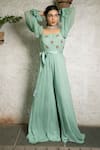 Pooja Kankariya_Green Georgette Embroidered Sequin Square Butti Jumpsuit _Online_at_Aza_Fashions