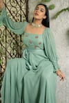 Shop_Pooja Kankariya_Green Georgette Embroidered Sequin Square Butti Jumpsuit _Online_at_Aza_Fashions