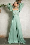 Shop_Pooja Kankariya_Green Georgette Embroidered Sequin Square Butti Jumpsuit _at_Aza_Fashions