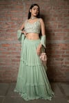 Buy_Pooja Kankariya_Green Silk, Georgette Beads, Zari, Pearls Sweetheart Pleated Tiered Lehenga Set _at_Aza_Fashions