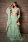 Shop_Pooja Kankariya_Green Silk, Georgette Beads, Zari, Pearls Sweetheart Pleated Tiered Lehenga Set _Online_at_Aza_Fashions