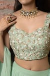 Buy_Pooja Kankariya_Green Silk, Georgette Beads, Zari, Pearls Sweetheart Pleated Tiered Lehenga Set 