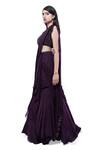 Buy_Pooja Kankariya_Purple Organza, Chiffon Sequins V-neck Pre-draped Saree With Embroidered Blouse _Online_at_Aza_Fashions