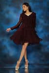 Buy_Pooja Kankariya_Wine Organza V Neck Ruffled Dress _at_Aza_Fashions