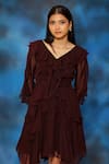 Pooja Kankariya_Wine Organza V Neck Ruffled Dress _Online_at_Aza_Fashions
