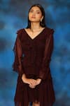 Buy_Pooja Kankariya_Wine Organza V Neck Ruffled Dress 