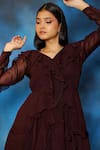 Shop_Pooja Kankariya_Wine Organza V Neck Ruffled Dress 