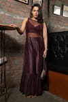 Pooja Kankariya_Brown Cotton Silk Round Sheer Crushed Hem Jumpsuit _at_Aza_Fashions