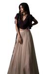 Buy Pooja Kankariya Wine Modal, Tulle Tassels V-neck Wrap Around Top And Skirt Set Online at Aza Fashions Buy_Pooja Kankariya_Wine Modal, Tulle Tassels V-neck Wrap Around Top And Skirt Set _Online_at_Aza_Fashions