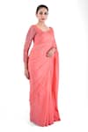 Pooja Kankariya_Peach Chiffon, Tulle Embroidery Round Neck Scallop Border Saree Set _Online_at_Aza_Fashions