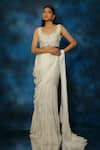 Shop_Pooja Kankariya_Off White Linen Silk Embroidery Thread Bay Salt Pleated Pre Draped Saree Set _at_Aza_Fashions