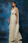 Buy_Pooja Kankariya_Off White Linen Silk Embroidery Thread Bay Salt Pleated Pre Draped Saree Set _Online_at_Aza_Fashions