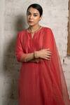 Buy_Pooja Kankariya_Red Linen Silk Embroidery Cinnabar Hand Embellished Sheer Hem Kurta Pant Set _Online_at_Aza_Fashions