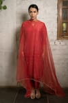 Shop_Pooja Kankariya_Red Linen Silk Embroidery Cinnabar Hand Embellished Sheer Hem Kurta Pant Set _at_Aza_Fashions