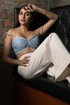 Pooja Kankariya_Blue Organza, Polyester Sweetheart Ruched Pleated Bustier With Bay Salt Trouser _Online_at_Aza_Fashions