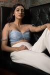 Buy_Pooja Kankariya_Blue Organza, Polyester Sweetheart Ruched Pleated Bustier With Bay Salt Trouser _Online_at_Aza_Fashions