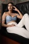 Shop_Pooja Kankariya_Blue Organza, Polyester Sweetheart Ruched Pleated Bustier With Bay Salt Trouser _Online_at_Aza_Fashions