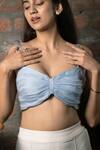Pooja Kankariya_Blue Organza, Polyester Sweetheart Ruched Pleated Bustier With Bay Salt Trouser _at_Aza_Fashions