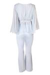 Pooja Kankariya_Blue Chiffon, Lycra V-neck Ruffled Shoulder Pleated Yoke Top Bootcut Pant Set _Online_at_Aza_Fashions