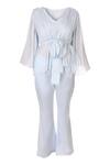 Buy_Pooja Kankariya_Blue Chiffon, Lycra V-neck Ruffled Shoulder Pleated Yoke Top Bootcut Pant Set _Online_at_Aza_Fashions