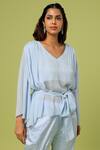 Buy_Pooja Kankariya_Blue Chiffon, Lycra V-neck Ruffled Shoulder Pleated Yoke Top Bootcut Pant Set 