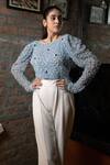 Shop_Pooja Kankariya_Blue Tulle Embroidery Pearls Boat Neck Celeste And Stone Embellished Top _at_Aza_Fashions